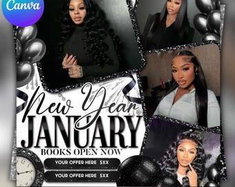 New Year January Booking Flyer Template | Winter Hair Braids Nails Lashes Wig Install Locs Wax Service January Books Open Instagram Post