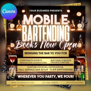 Flyer mobiele bartender, flyer evenement barman, kant-en-klare bedrijfsborrelservice partyflyer, draagbare bartender mixologist, bewerkbaar op canvas