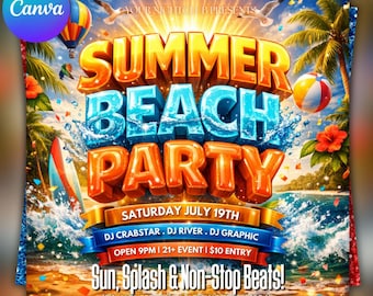 Summer Beach Party Flyer, Pool Party Invitation, Canva Editable (Digital Download)