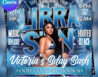 Libra Birthday Party Flyer, Customizable Canva Template (Digital Download)