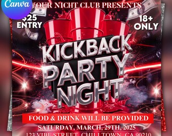 Folleto para fiesta Kickback, invitación editable para DJ de club (plantilla de Canva, descarga instantánea)
