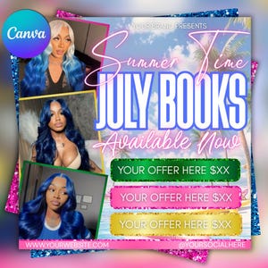 May include: A promotional graphic with the text "Summer Time JULY BOOKS Available Now." The design includes images of women with blue hair, and colorful offer buttons. The Canva logo is in the upper left corner.