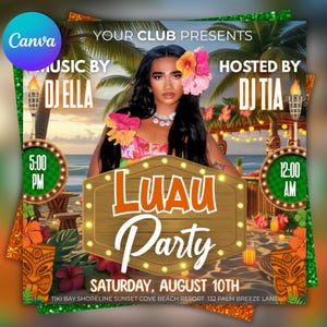 Luau Party Flyer: Editable Hawaiian Beach Club Invitation (Canva Template) (Digital Download