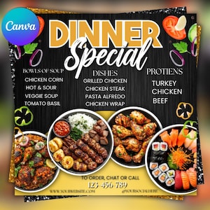 Redigerbar flygblad för middagsspecialiteter, restaurangmenymall (Canva)