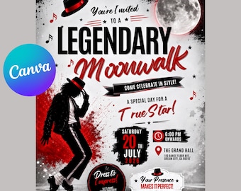 Invito di compleanno a tema Moonwalk Pop Star, modello di invito di compleanno Michael Jackson Beat It, invito per festa a tema MJ, download digitale Canva