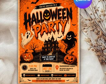 Editable Retro Halloween Party Invitation Template , Vintage Spooky Halloween Invite , Canva Template , Adult Party, Haunted House