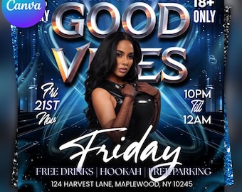Bewerkbare Good Vibes Friday-feestflyer, PSD-sjabloon nachtclub (digitale download)