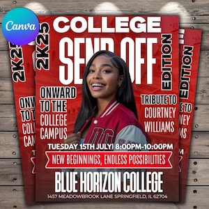 Editable College Send Off Evite, Farewell Party Invite, DIY Trunk Party Flyer, Red Magazine Cover, Goodbye Graduation Celebration