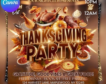 Thanksgiving Party Flyer, Club Invite, Friendsgiving Dinner, Canva Editable