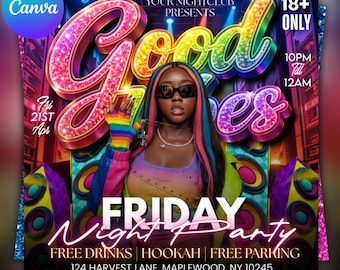 Modello di volantino per la festa del venerdì sera "Good Vibes" (PSD), evento DJ in discoteca e social media.