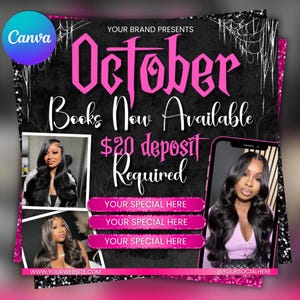 Peut inclure: Graphique promotionnel noir et rose avec le texte "October Books Now Available" et un dépôt de 20 $. Comprend des images de femmes aux cheveux longs et des espaces pour des offres spéciales. Site web et réseaux sociaux sont affichés.