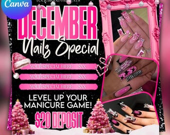 December Nail Booking Flyer: Christmas, Holiday, Salon Template (Editable Canva Template) (Digital Download