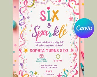Six Times The Fun Whimsical Girl 6th Birthday Invitation, Colorful Striped Pastel Sixth Birthday Invite, Editable Canva Template