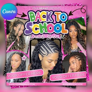 Back To School Flyer, Back to school hair flyer, Back to school sale flyer, DIY canva template, Back 2 School Flyer, Braid Special Flyer