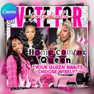 May include: A pink and white graphic promoting Emily Parker for Homecoming Queen. The design features three women, the text "VOTE FOR Emily Parker", and the phrase "Homecoming Queen". The image includes a pink car and crown graphics.