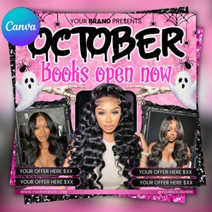 Peut inclure: Graphique promotionnel rose et noir avec le texte "OCTOBER Books open now". Le design comprend des images de femmes aux cheveux longs, des fantômes, des araignées et une main de squelette. Le logo Canva est dans le coin supérieur gauche.