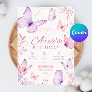 May include: A rectangular birthday invitation card featuring watercolour illustrations of purple and pink butterflies and foliage. The text reads: You're invited to flutter by and celebrate Aria's BIRTHDAY, Saturday June 14, 2025, at 2:00 PM, The Garden House.