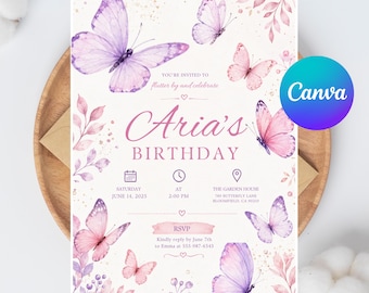 Editable Butterfly Birthday Invitation, Girls Party Invite, Any Age, Purple Pink Butterfly, Digital Invite, Printable, Canva Template