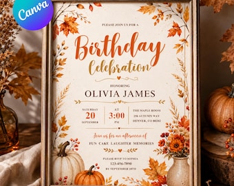 Modello di invito di compleanno autunnale modificabile / Invito per festa di compleanno a tema zucca autunnale (download digitale)