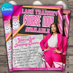 May include: A promotional flyer for a lash training course. The flyer features a woman in a pink suit, with text that reads "Lash Training Course Now Available." Additional text lists course topics. Pink and white elements are used throughout the design.