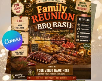 Invito digitale per una festa di famiglia con barbecue, volantino, modello Canva modificabile, invito digitale.