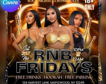 R&B Fridays Party Flyer, Nightclub Event, Canva Template