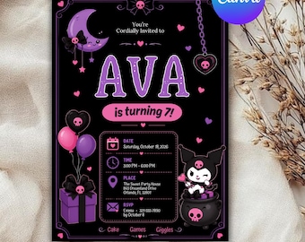 Birthday Party Invitation Gothic Kawaii, Editable Canva Goth Birthday Party Invite, Cute Girl Birthday Invitation, Instant Download