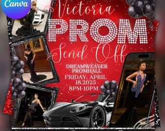 May include: A red and black invitation with glitter accents for a prom send-off. The invitation features the text "Victoria Prom Send Off" with a diamond-like design. The event is at Dreamweaver Promhall on Friday, April 18, 2025, from 8pm to 10pm.