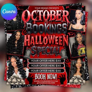 Peut inclure: Flyer promotionnel sur le thème d'Halloween, rouge et noir. Le texte annonce "Réservations d'octobre Spécial Halloween" avec des offres et un appel à l'action "Réservez maintenant !". Plusieurs images de femmes sont incluses.