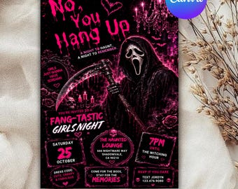 Editable Pink Girls Night Spooky Halloween Party Invitation , Cocktail Digital & Printable Template , Instant Download