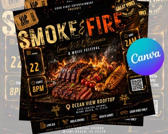 Smoke n Fire Party Flyer, Digital Invite, Editable Canva Template