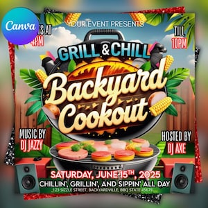 Backyard Cookout Flyer, BBQ Flyer, Summer Cookout Flyer, DIY Canva Editable Design Template, Food Flyer, Social Media Flyer, Party Flyer