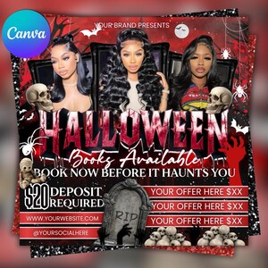 Peut inclure: Une affiche promotionnelle sur le thème d'Halloween avec trois femmes, des crânes et des toiles d'araignées. Le mot "HALLOWEEN" est mis en évidence, avec "Books Available" et "Book Now Before It Haunts You." Le texte inclut également "Dépôt de 20 $ requis" et des informations de site web et de réseaux sociaux.