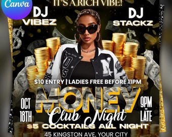 Money Club Flyer – Editable Canva Template | Club Party Night Event Digital Download