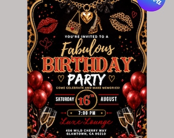 Invito di compleanno con stampa ghepardo, invito di compleanno con stampa leopardata, festa con fiocco nero e stile coquette, download immediato, stampabile, modificabile su Canva