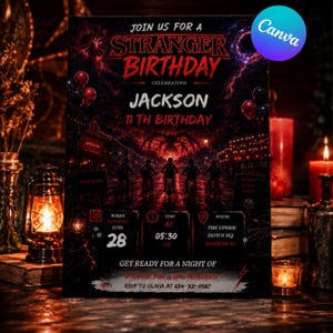 Op de afbeelding: Een rechthoekige verjaardagsuitnodiging met een Stranger Things-thema in rode en zwarte tinten. De tekst luidt: Join us for a Stranger Birthday celebrating Jackson 11th Birthday. Het bevat details voor 28 juni om 17:30 uur in The Upside Down HQ, Hawkins, IN, inclusief een RSVP-nummer.