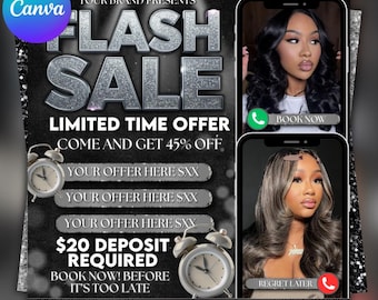 May include: A promotional graphic with the text "FLASH SALE" in large silver letters. The graphic includes the text "LIMITED TIME OFFER" and "COME AND GET 45% OFF". Two images of women are displayed on smartphones. The graphic also includes the text "$20 DEPOSIT REQUIRED".