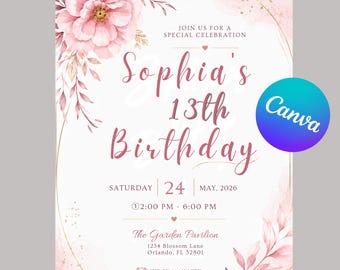 Invito di compleanno con fiocco rosa, invito per festa di compleanno Coquette, modello di compleanno elegante, invito di compleanno per ragazze, modello modificabile Canva
