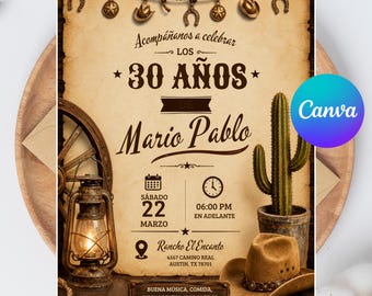 Spanish Mexican Cowboy Birthday Invitation, Vaquero Birthday Invite, Rustic Western Party Theme, Editable Canva Template