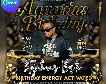 Aquarius Birthday Bash Flyer, Gold & Black Theme (Digital Download)