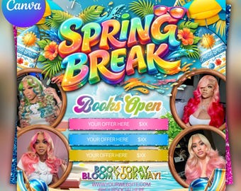 Spring Break Booking Flyer, Hair Lash Nail Makeup Braids, Canva Editable (Digital Download)