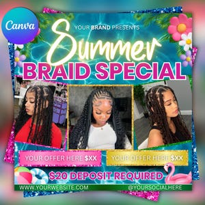 Summer Braid Sale Flyer, Summer Sale Flyer, Braid Prices Flyer, Braids Sale Flyer, Hair Flyer, Lashes Flyer, Braids Special Flyer Template