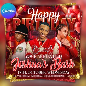 Puede incluir: Una invitación de cumpleaños roja y dorada con tres personas en el centro. Las palabras "Happy Birthday" están en la parte superior, con "Joshua's Bash" en cursiva debajo. También se incluyen la fecha y el lugar.