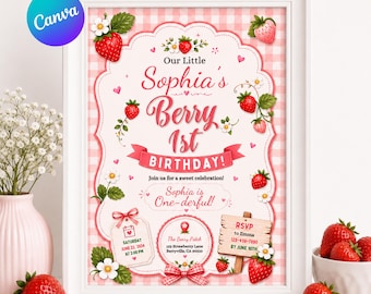Invito per il primo compleanno a tema frutti di bosco, inviti per la festa del primo compleanno con foto modificabili, inviti di compleanno stampabili a tema fragole