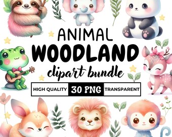 Pacchetto di clipart di animali del bosco ad acquerello: decorazioni per la cameretta dei bambini (download digitale PNG)