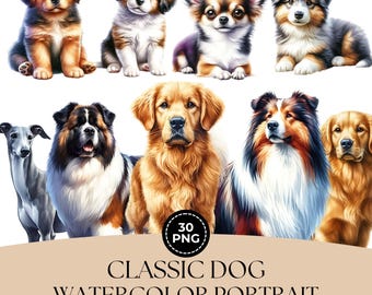 Akvarell hund Clipart-paket: 30 illustrationer av husdjursporträtt (digital nedladdning i PNG)