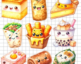 Paquete de imágenes prediseñadas de comida y refrigerios filipinos kawaii, 30 PNG de alta calidad, perfecto para calcomanías, sublimaciones, regalos y álbumes de recortes.