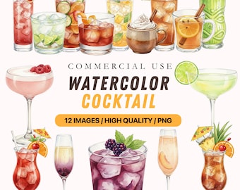 20 Aquarell Cocktail Clipart PNG, bunte Getränke und Getränke Illustration für Aufkleber, Scrapbooking, Party lädt ein, Sublimations Download