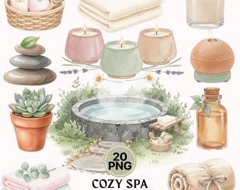 20 Cozy Spa Self Care PNG Clipart Bundle, Entspannung Wellness Illustration, Beauty Routine Grafiken für Aufkleber, Planer, Scrapbooking