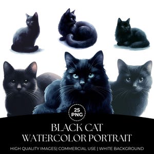 Black Cat Watercolor Clipart: 25 PNG Portrait Illustrations (Digital Download)